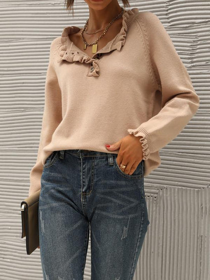 Women's Knit Pullover Sweater Tops - Casual Long Sleeve Button Down Crew Neck Ruffle Solid Color Striped - Knitwear, Womenswear