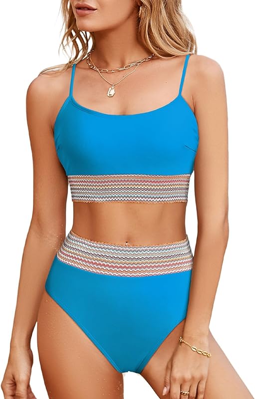 Women's Bikini Sets Colorblock Trim 2 Piece High Waisted Swimsuit Scoop Neck Adjustable Spaghetti Straps Bathing Suit - Seldom Seen Styles