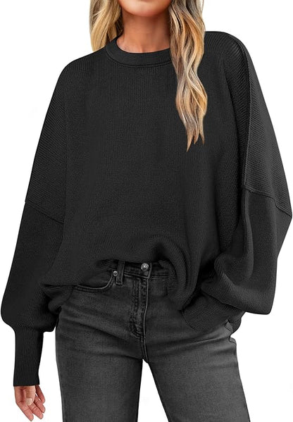 ANRABESS Women Crewneck Batwing Long Sleeve 2024 Fall Oversized Side Slit Ribbed Knit Pullover Sweaters Top Cozy Outfits