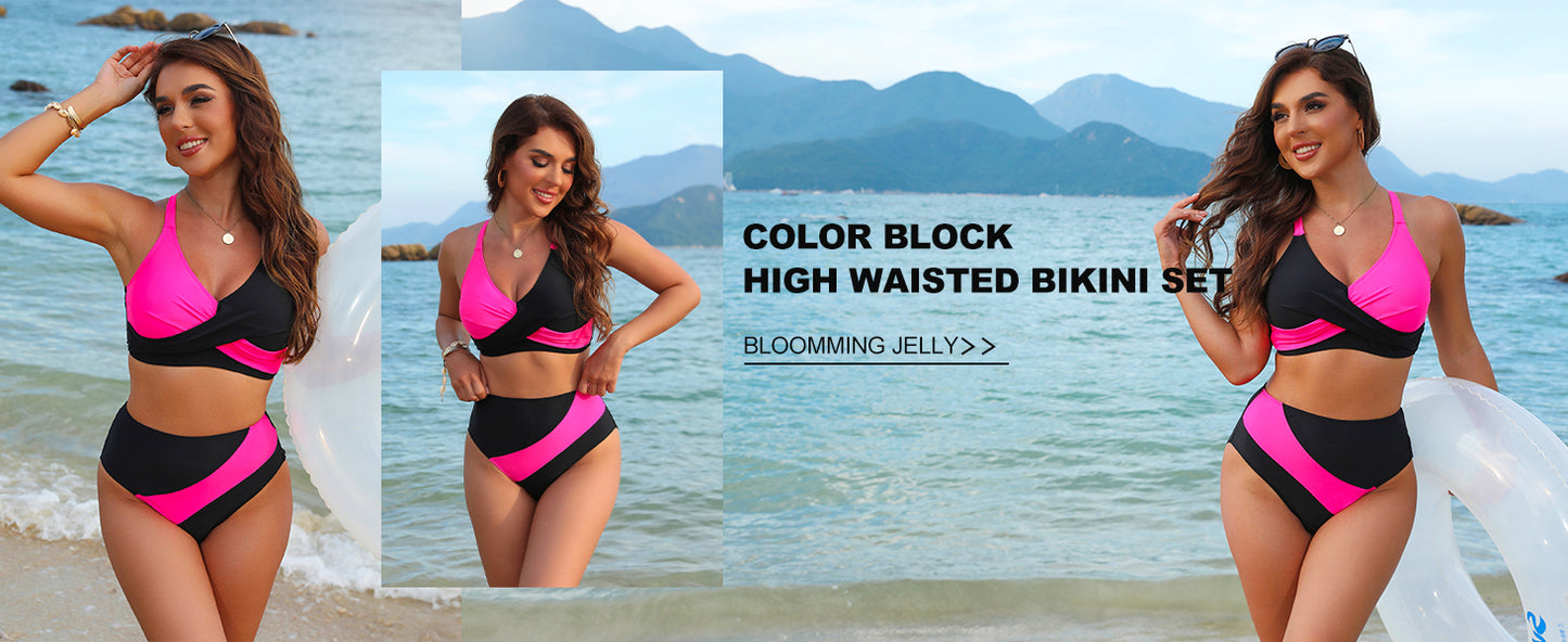 Womens High Waisted Bikini Sets Criss Cross Two Piece Swimsuits Color Block Full Coverage Bathing Suits - Seldom Seen Styles