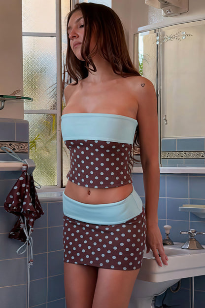 Ensemble bandeau et jupe moulante color block à pois