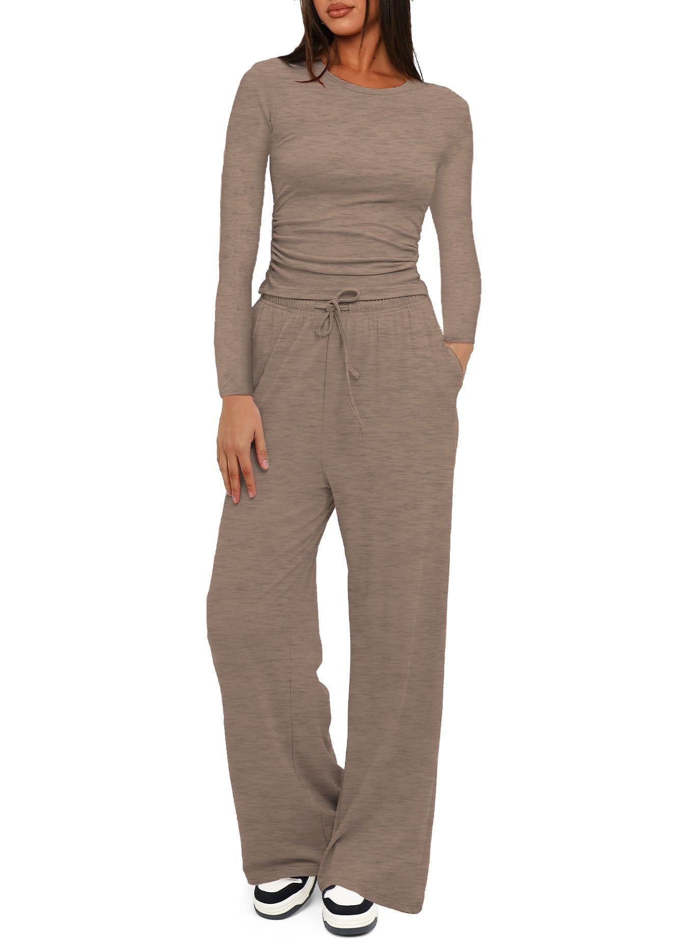 Two-piece Set Women's Solid Ruched Tee & Drawstring Pocket Pants Pajamas Set, Casual Long Sleeve T-shirt & Elastic Waist Trousers, Ladies Sleepwear  Loungewear for All Seasons - Seldom Seen Styles