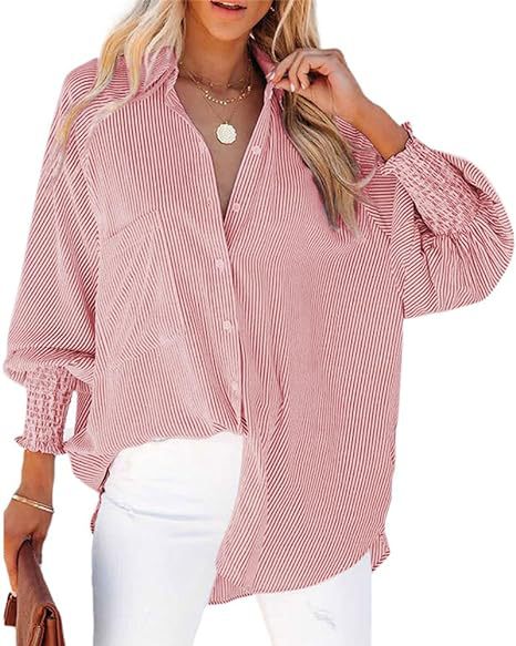 Women's Smocked Cuffed Striped Boyfriend Shirt with Pocket Casual Collar Long Sleeve Blouse Tops for Pocket Shirred