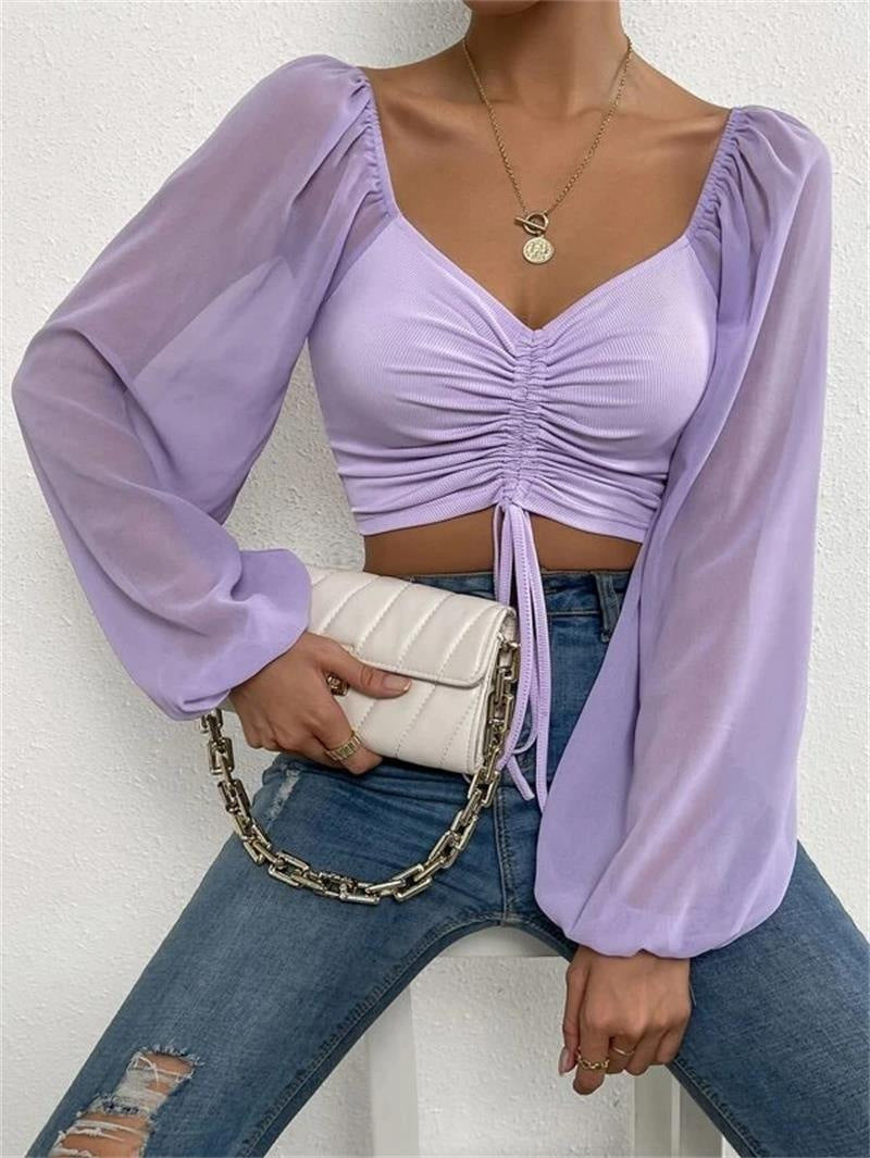 2024Amazon AliExpress Summer NewVCollar Chiffon Drawstring Lantern Sleeve Skinny Fashion Sexy Shirt Top