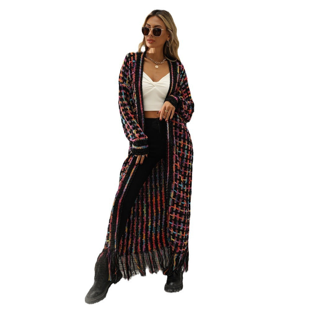 2024New Winter Clothes European and American Foreign Trade plus Size Tassel Long Cardigan Jacket Sweater Cross-Border Hot Women's Clothing Wholesale