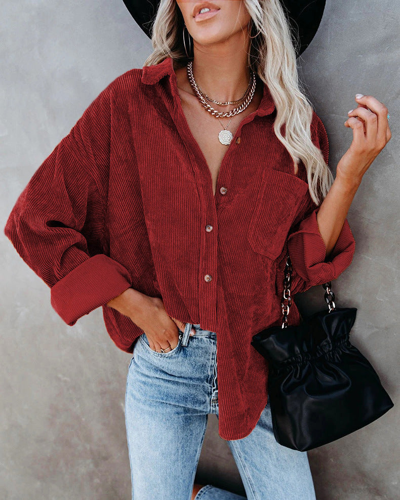 Dokotoo Damen Cord-Button-Down-Hemden, Boyfriend-Stil, lange Ärmel, übergroße Blusen 