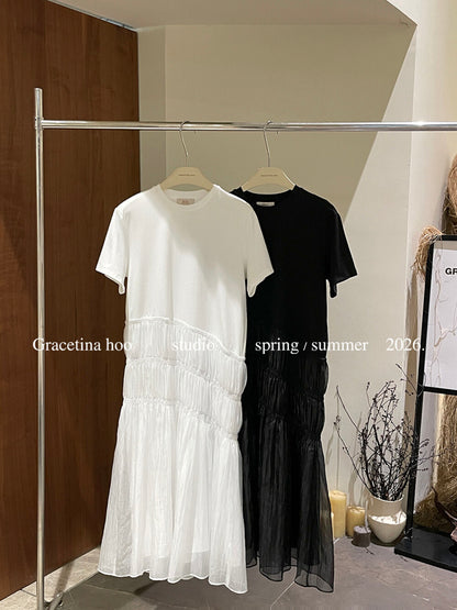 Cotton T-Shirt Spliced Mesh Tiered Ruffle Maxi Dress Patchwork A-Line Elegant Casual Summer Dress White Black