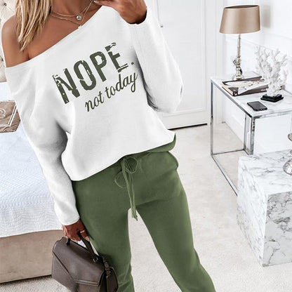 Women's 2 Piece Outfit Nope Not Today Print Skew Neck Long Sleeve Pullover Top with Stretchy Waist Long Pants Tracksuit Jogger Set