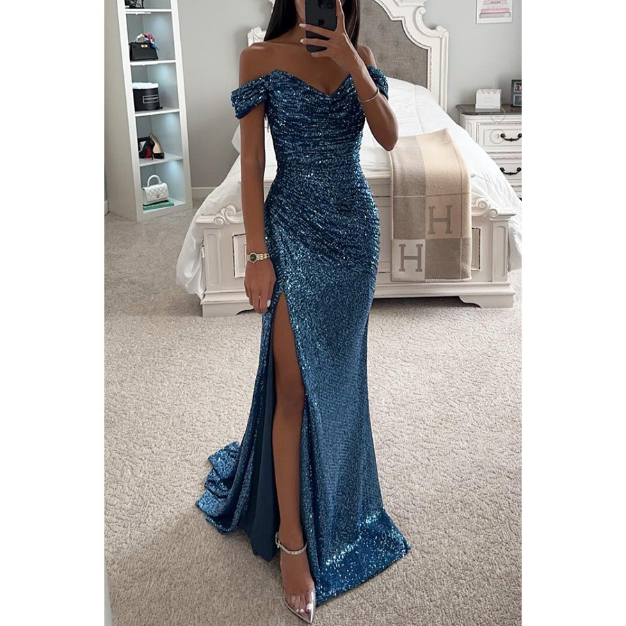 sequin prom dresses strapless sequin dress Split Dress off-Shoulder INS  Fashion low cut maxi Dress for Women