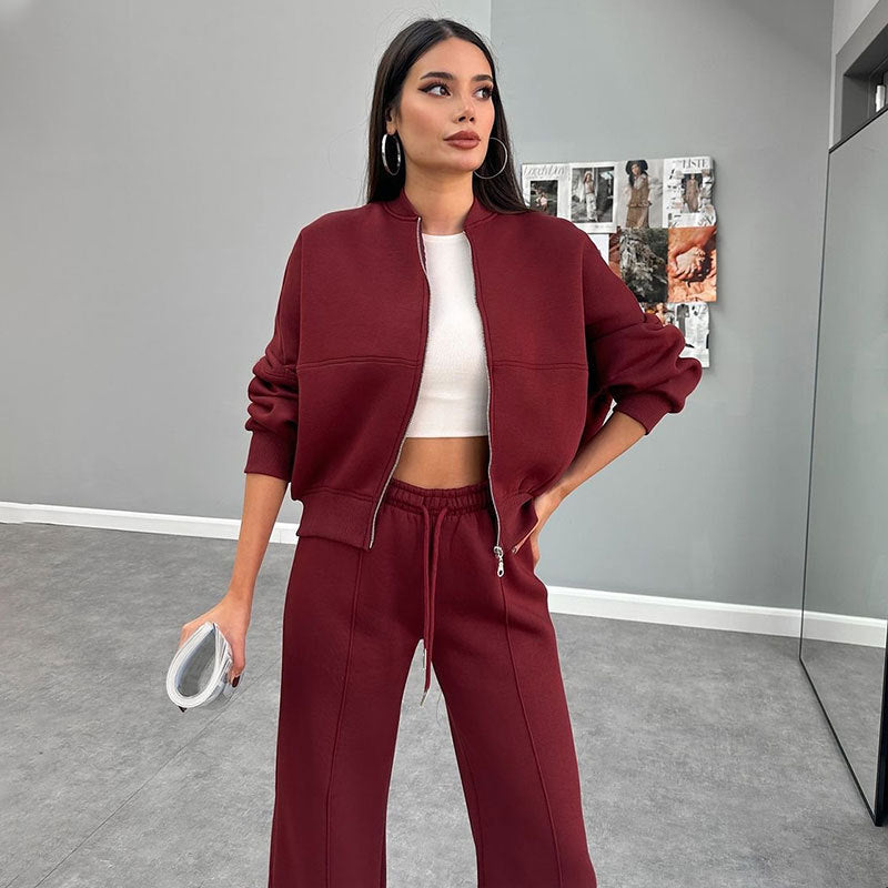 Women's Solid Zip Up Crop Jacket & Drawstring Waist Pants Two-piece Set, Casual Fashion Drop Shoulder Long Sleeve Top & High Waist Trousers Womenswear Suits for Outdoor Wear, Women's Clothing for Spring & Fall 90s Clothes