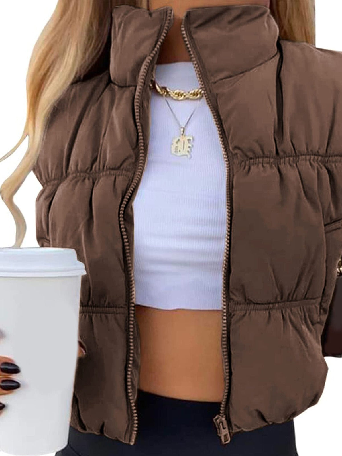 Women's Sleeveless Puffer Vest Zip-Up Stand Collar Trendy Cozy Cropped Outerwear for Stylish Layering - Seldom Seen Styles