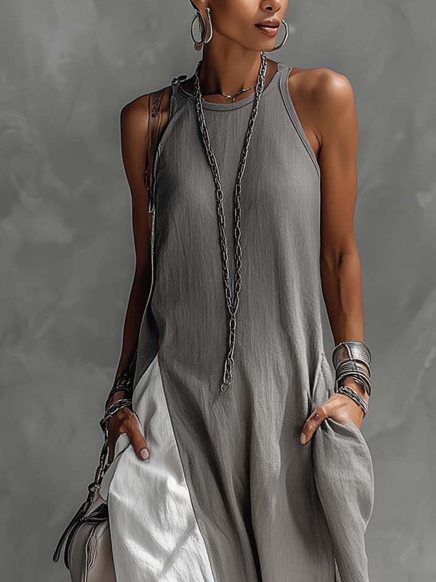 Color Block Gray Sleeveless Cotton Linen Maxi Dress - Seldom Seen Styles