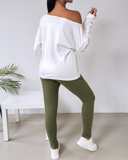 Women's 2 Piece Outfit Nope Not Today Print Skew Neck Long Sleeve Pullover Top with Stretchy Waist Long Pants Tracksuit Jogger Set