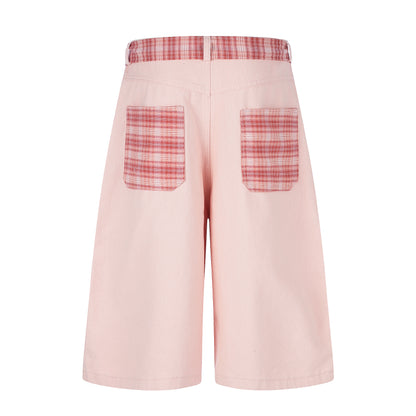 Women's Cute Embroidery Plaid Tie Wide Leg Denim Shorts High Waist Cherry Cat Bow Casual Sweet Streetwear Jean Shorts