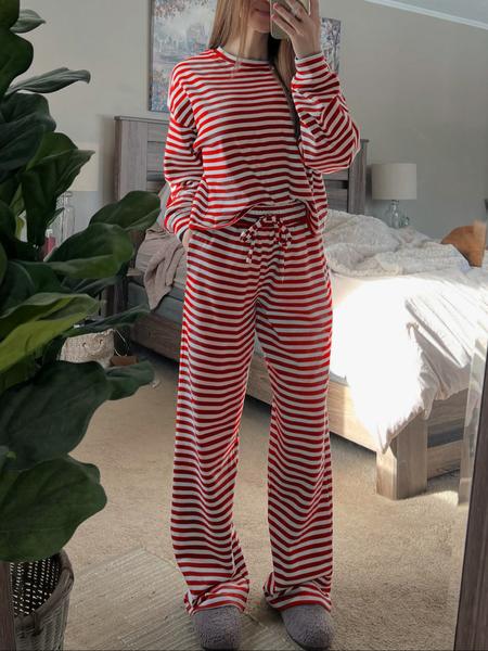 Women's Casual Striped Long Sleeve Top & Pants Set, Comfortable Loose-Fitting Home Wear, Fashionable Two-Piece for Daily Use - Seldom Seen Styles