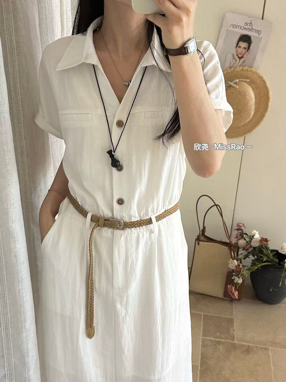 French Style Collared Short Sleeve Shirt Dress A-Line Midi Dress with Woven Belt Included White Black Khaki - Seldom Seen Styles