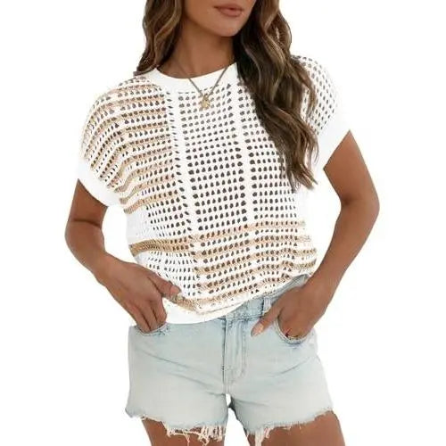 Fisoew Women's Bohemian-Inspired Beige Crochet Top with V-Neck #Springtok #TikTokShopJumpstartSale Casual Chic - Seldom Seen Styles