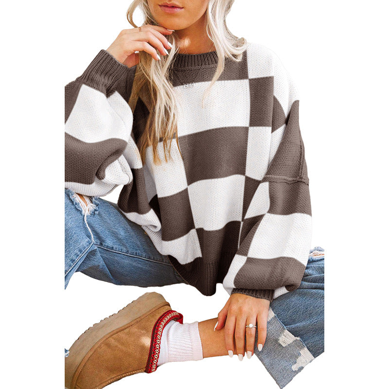 Leisure Style Plaid Printed Long-Sleeved Top Women's Autumn New Warm Pullover Crew Neck Sweater