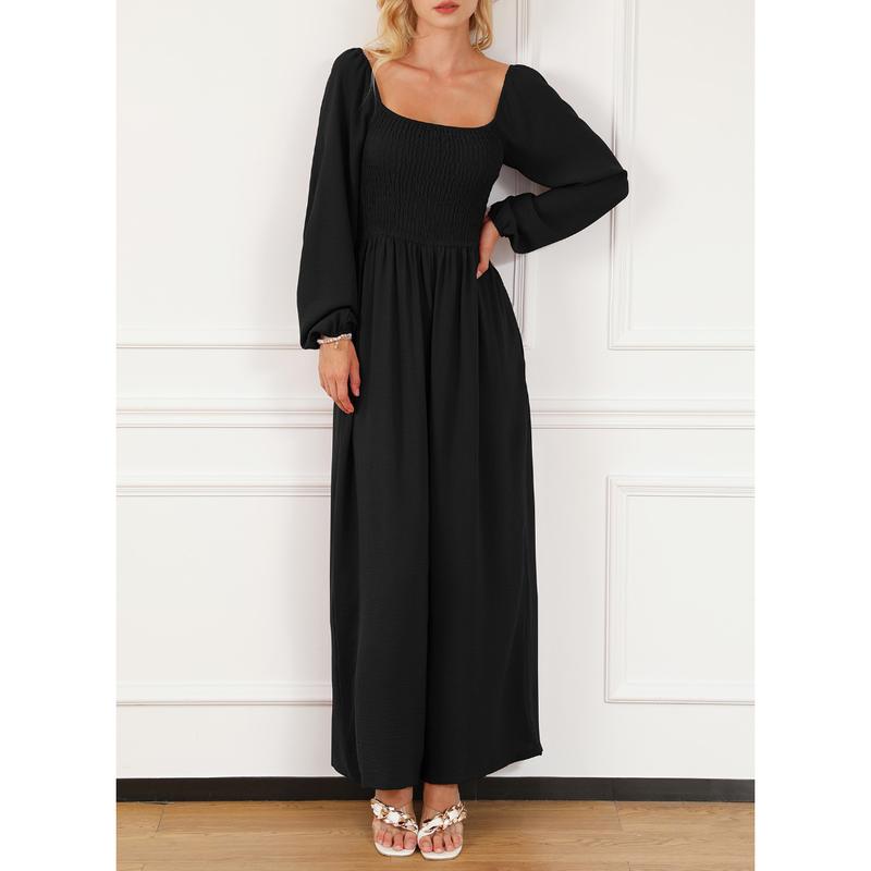 Women's Plain Ruched Shirred Pocket Wide Leg Jumpsuit, Casual Bishop Sleeve Square Neck Jumpsuit for Spring & Fall, Ladies Clothes for Daily Wear - Seldom Seen Styles