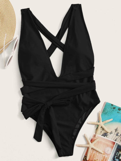 Crossover straps at the back  One-Piece Swimsuit Women's  Lace up One-Piece Bikini - Seldom Seen Styles