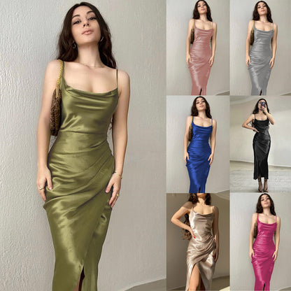 2024European and American Hot Girl Style Sexy Low-Cut Satin Split Sling Dress New Slim Backless Long Dress