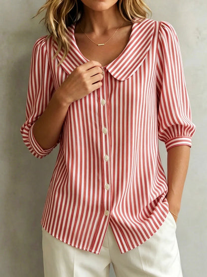 Women's Striped Blouse Peter Pan Collar Button Up 3/4 Sleeve Casual Shirt