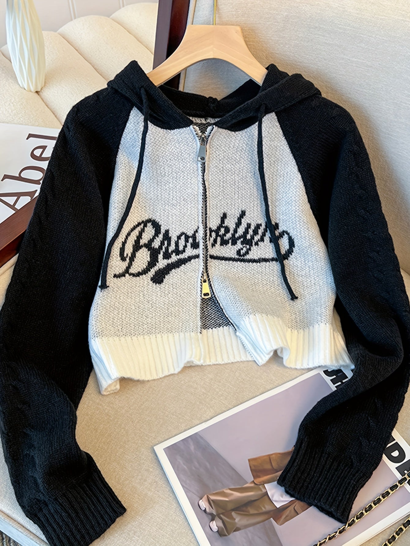 Letter Pattern Drawstring Hooded Cardigan, Casual Zip Up Long Sleeve Knit Outwear, Women's Clothing