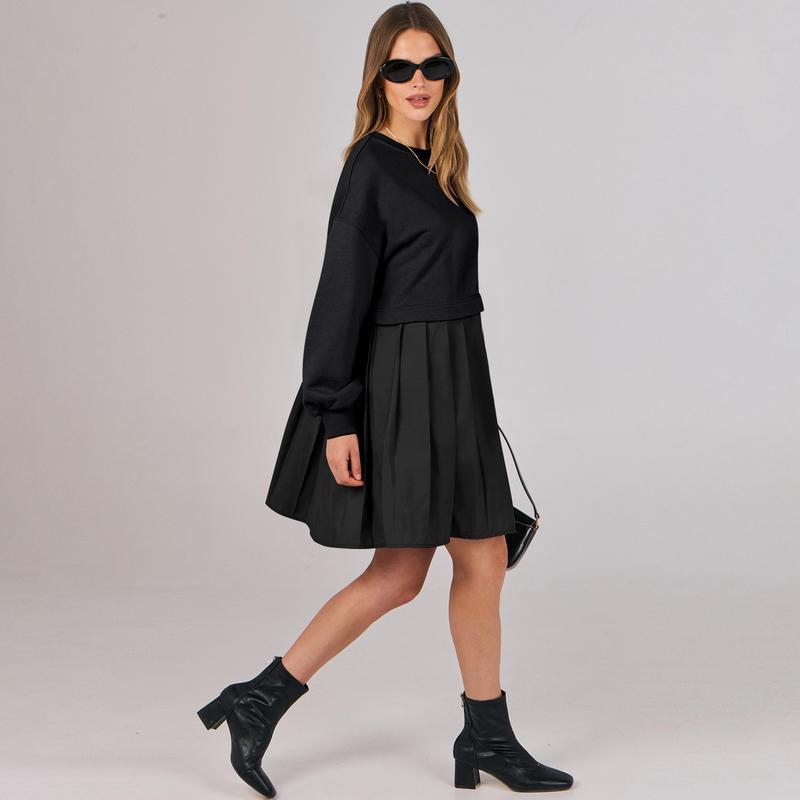 Women Oversized Sweatshirts Hoodie Dress Long Sleeve Crewneck Casual Baggy Patchwork Pleated Flowy Mini Dresses