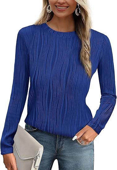 Women's Summer Fall Scalloped Lace Cuff Crewneck Tops Textured Shirts