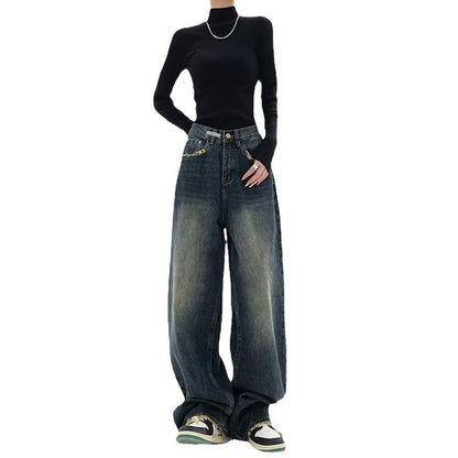 Wide Leg Baggy Jeans for Women Y2K Casual Loose Denim with 4 Traditional Pockets, Zip Fly, Button Closure & Belt Loose Fit - Fabric Clothing Pants Blue Womenswear Bottom Trouser Streetwear Comfort Wideleg Bellbottomjeans Minimalist