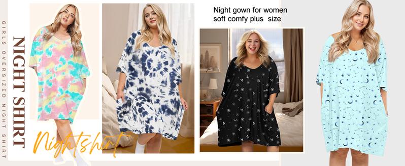 Plus Size Nightgown for Women V-Neck Sleep  Dress Pjs Lounge Short Sleeves Sleepwear With Pocket Fit S-5XL Pajamas Elastic Loungewear Breathable Fabric - Seldom Seen Styles