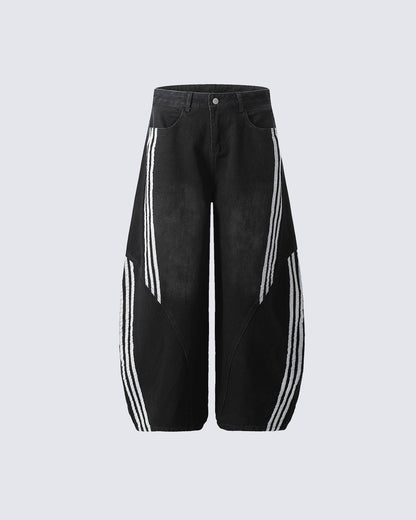 Contrast Striped Wide-Leg Denim Pants Striped Stitching Barrel Jeans