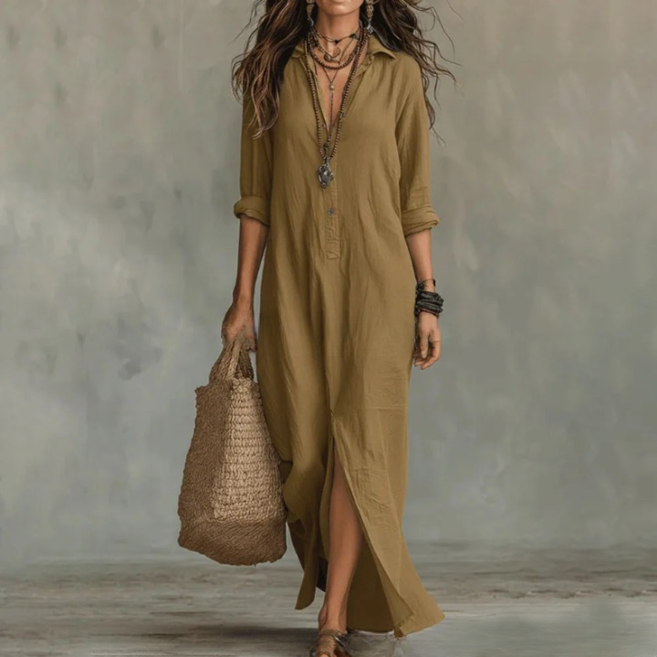 Agnes Loose Cotton Linen 3/4 Sleeve Maxi Shirt Dress - Seldom Seen Styles