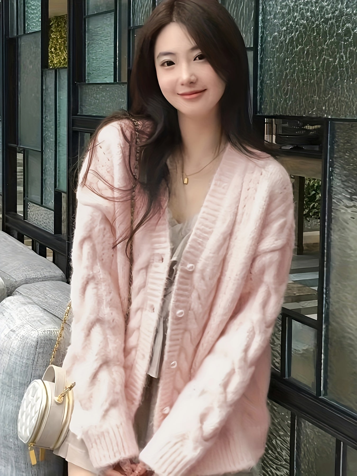 Soft Pink Cable Knit Cardigan - Charming V-Neck Sweater for Women - Perfect for Fall and Winter - Made with Polyester