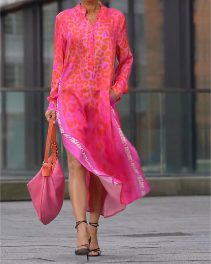 Women's Leopard Print Long Sleeve Split Maxi Dress V Neck Button Flowy Long Dress with Pockets Fashion Streetwears