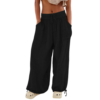 Damen Casual Loose Fit Weite Beinhose Baumwolle Hose Kordelzug Nähte Baggy Pants Hose mit Taschen