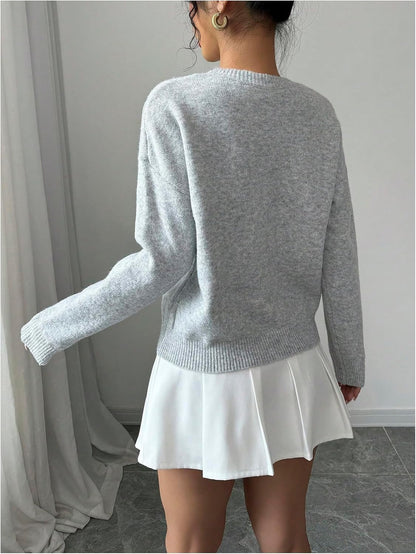 Women's 3D Floral Appliques Crewneck Sweaters Long Sleeve Drop Shoulder Pullovers Elegant Knit Tops