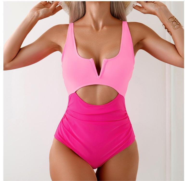 Women's V Neck Tied Cutout Contrast Classic One-Piece Swimsuit - Seldom Seen Styles