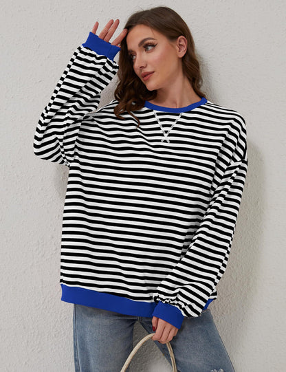 Womens Striped Oversized Sweatshirt Color Block Crew Neck Long Sleeve Casual Loose Pullover Top Y2K Clothes