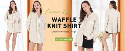 Women's Loose Fit Batwing Sleeve Waffle Knit Button Down Shirt Shacket Tops