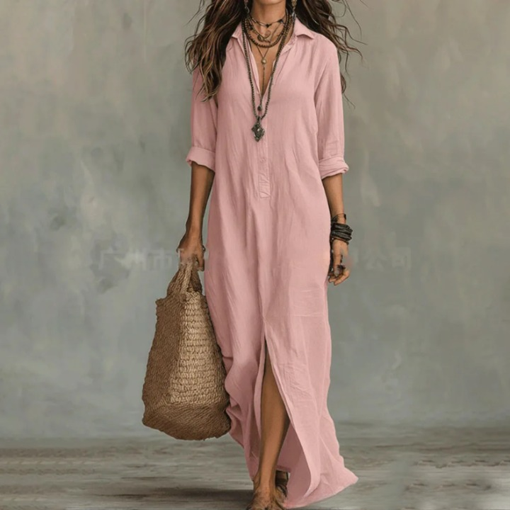 Agnes Loose Cotton Linen 3/4 Sleeve Maxi Shirt Dress - Seldom Seen Styles