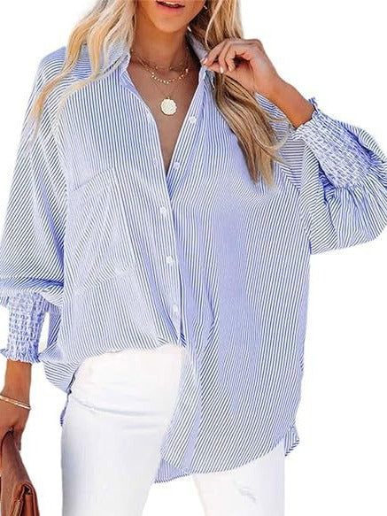 Women's Smocked Cuffed Striped Boyfriend Shirt with Pocket Casual Collar Long Sleeve Blouse Tops for Pocket Shirred