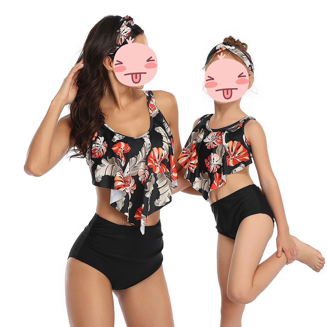 Family Matching Swimwear Mother Daughter Women Kids Girls Floral Green Leaves Printed Bikini Two-Piece Swimwear Suits - Seldom Seen Styles