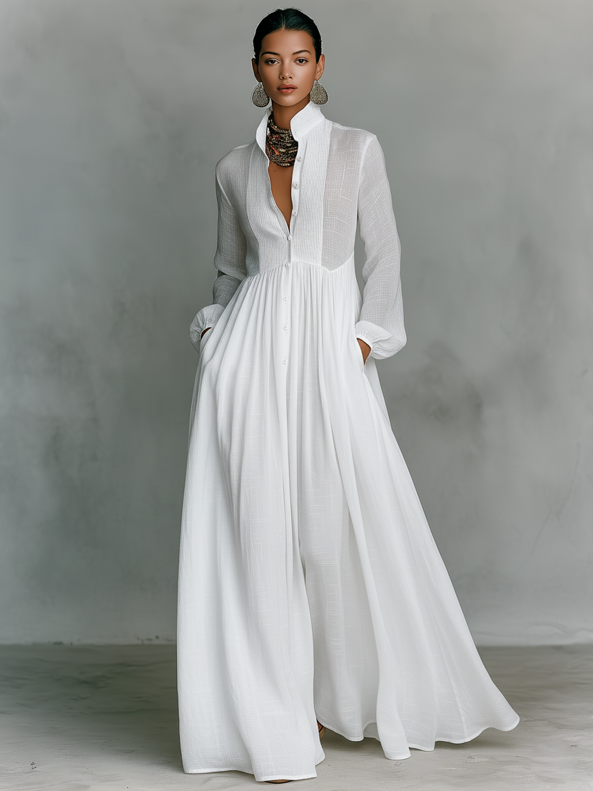 Women's Long Sleeve Cotton Linen Maxi Dress - Slimming Loose Fit Patchwork Design - Seldom Seen Styles
