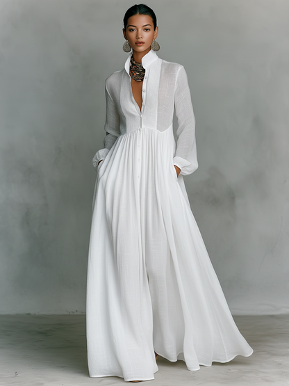 Women's Long Sleeve Cotton Linen Maxi Dress - Slimming Loose Fit Patchwork Design