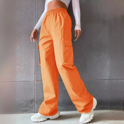 Girl's Elastic Waist Trousers Loose Straight Leg Flap Pocket Cargo Pants