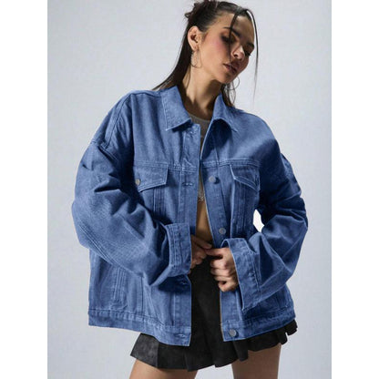 Women's Plain Button Front Drop Shoulder Denim Coat, Casual Long Sleeve Collared Pocket Outerwear for Daily Wear, Ladies Clothes for All Seasons, Clothing for Women