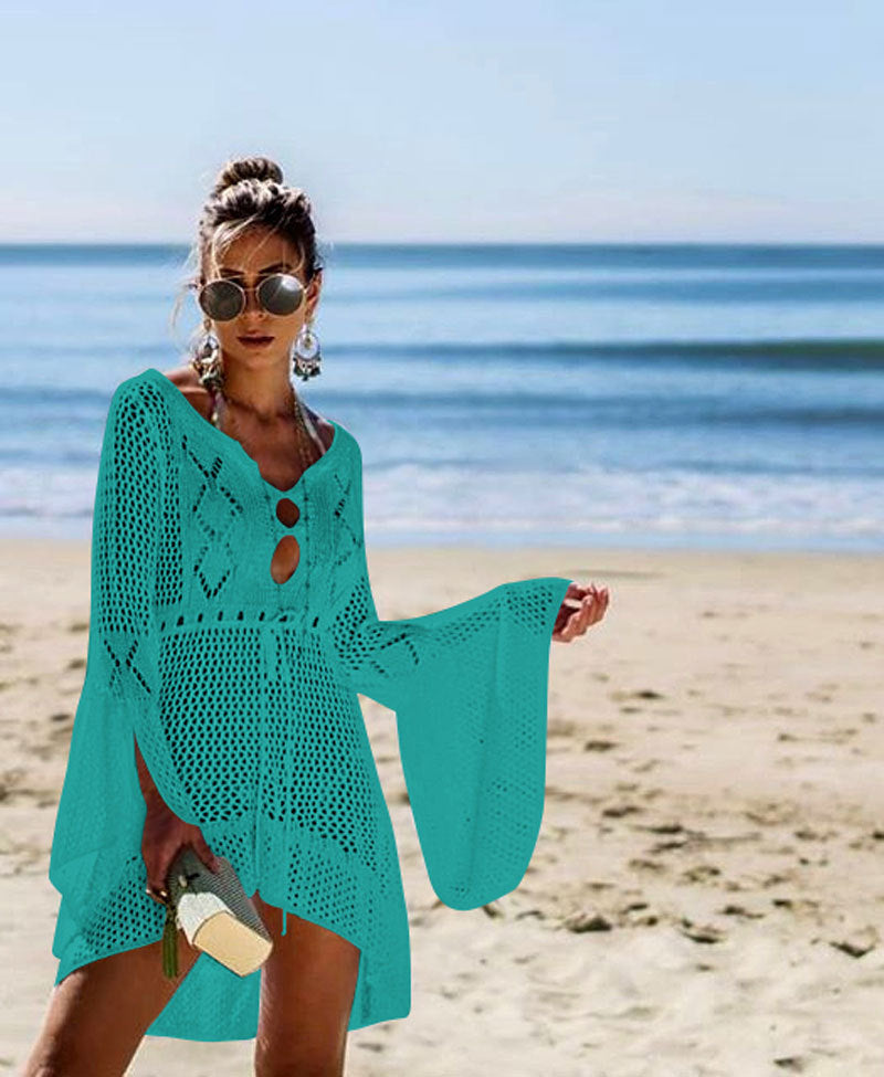 Hollow-out Sun Protection Shirt Bell Sleeve Beach Cover-up Bikini Cover  Hot Knitwear Swimsuit