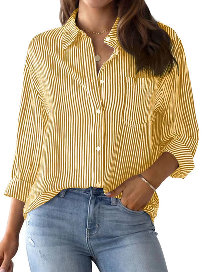 Womens Button Down Shirts Striped Classic Long Sleeve Collared Office Work Blouses Tops with Pocket