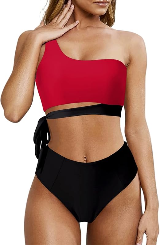 Women One Shoulder High Waisted Bikini Tie High Cut Two Piece Swimsuits - Seldom Seen Styles